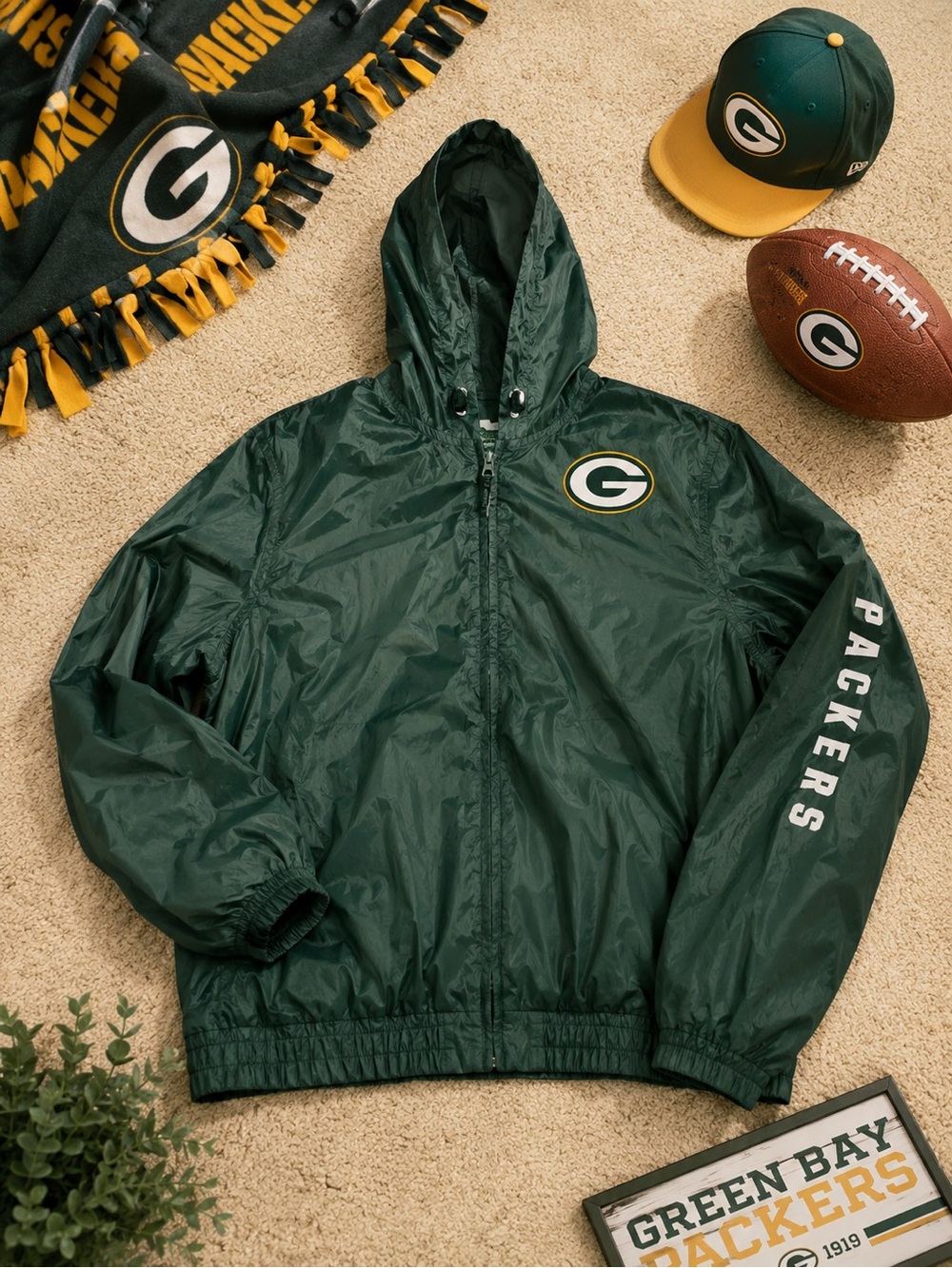 Fanatics Green Hooded Windbreaker with Team Logo